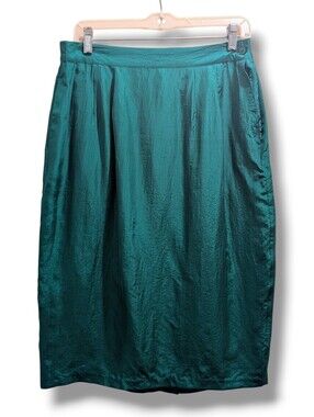 J. Stassi Teal 100% Silk Skirt Knee Length Lined Side Pockets Vintage size 14
